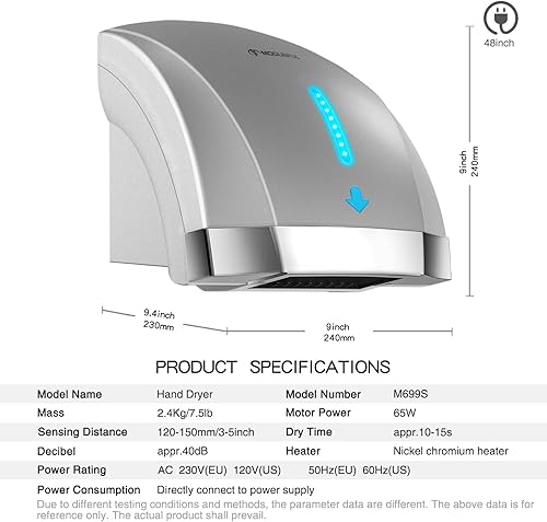 Miniatura 2 de modunful Secadores de manos para baños comerciales, secador de manos eléctrico sin contacto, extra silencioso de bajo ruido (40 db), tipo montado en