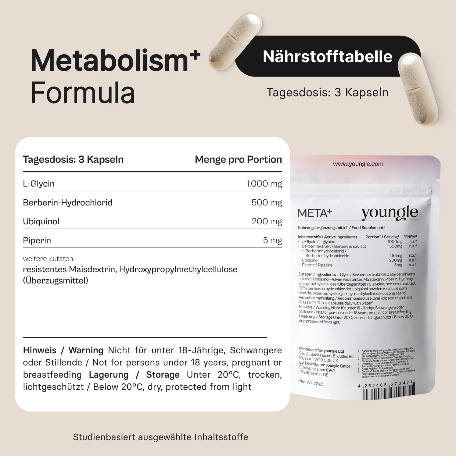 META+ Stoffwechsel Kapseln – Unterstützt Zellenergie & Metabolische Regulation + L-Glycin, Berberin, Ubiquinol – Longevity, Energieproduktion, Stoffwechselflexibilität