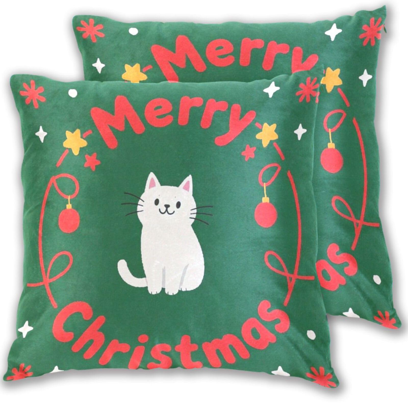 Taies d'oreiller chat blanc Merry Christmas 45x45 cm lot de 2