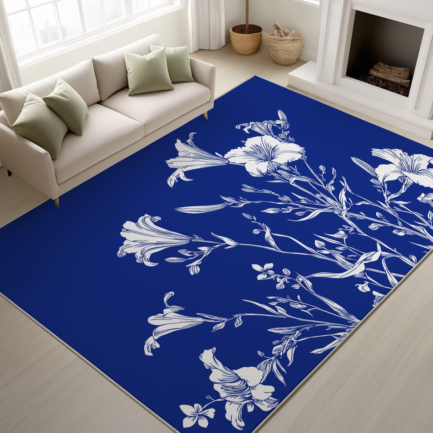 Tapis de salon 160 x 230 cm blanc et bleu au motif de lys floral