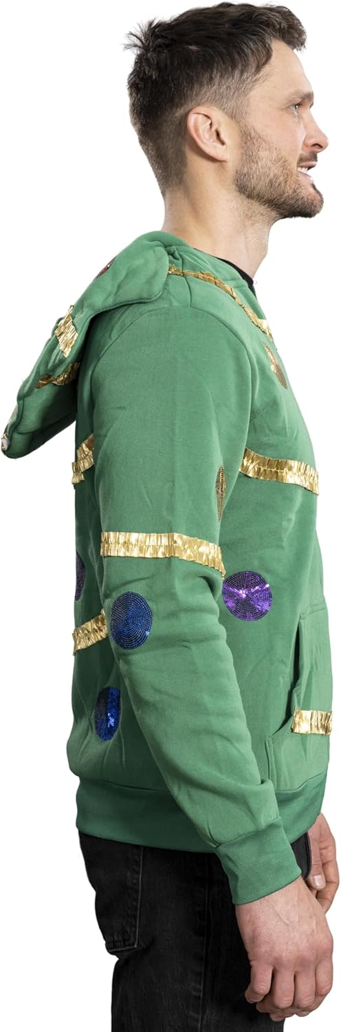 Mad Engine Extreme Christmas Tree Hoodie with Balls and Stars Green Zip-Up Costume Sweatshirt for Holiday Parties - Image 2