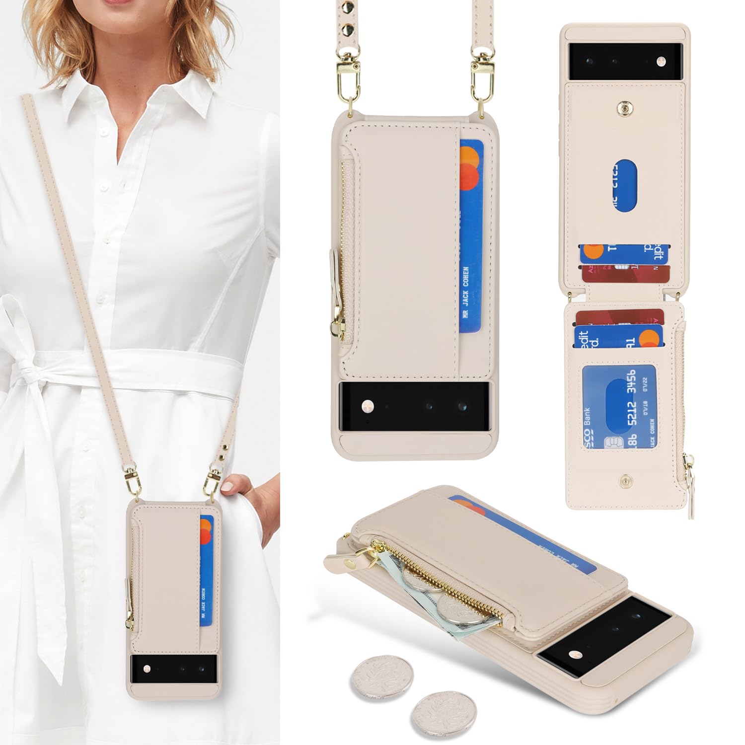SailorTech for Google Pixel 6 Phone Case with Credit Card Holder for Women Google Pixel 6 Leather Case Wallet Crossbody with Card Slots Zipper Shockproof Case for Men-Apricot