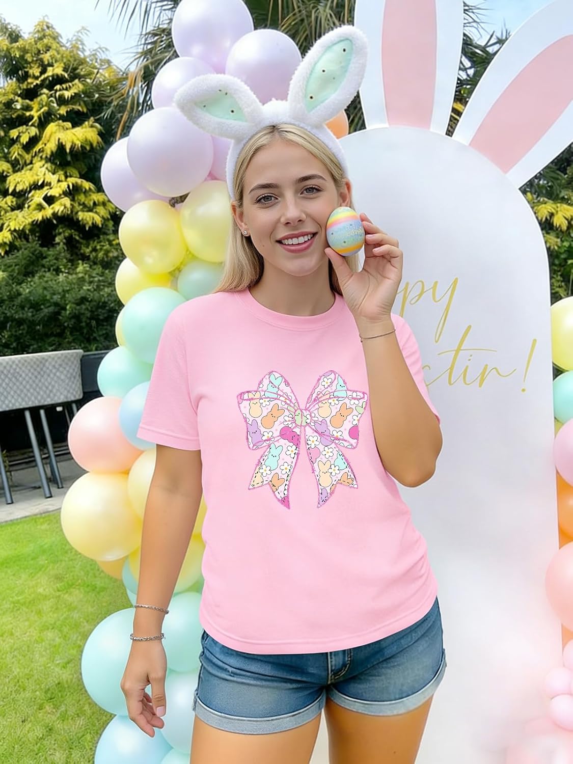 Easter Shirts for Women Cute Bunny Graphic Short Sleeve Tees Funny Rabbit Easter Day Gift Top - Image 3