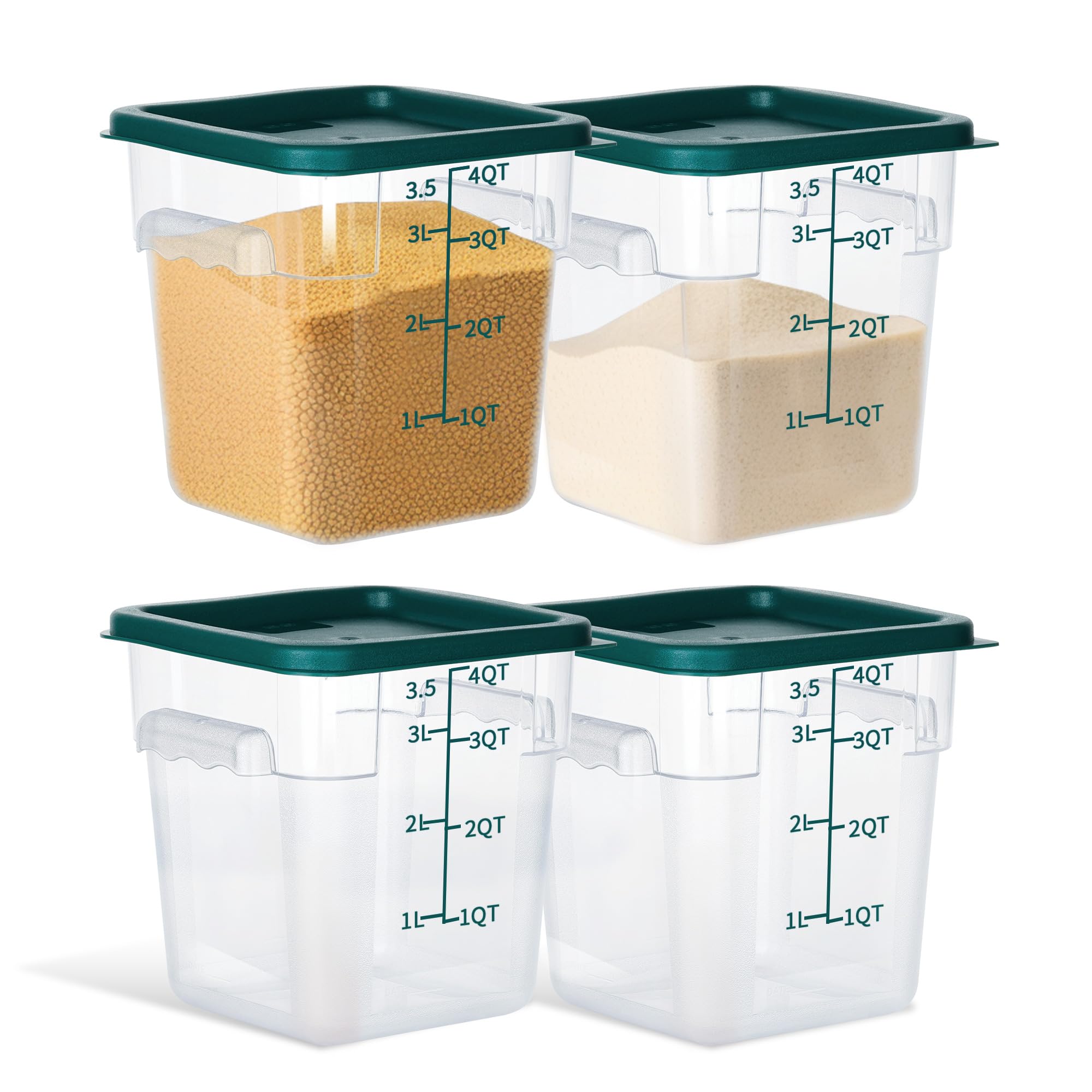Paquete de 4 recipientes de almacenamiento de alimentos de 4 cuartos con tapas, organización de alimentos NSF, cuadrados, transparentes, policarbonato