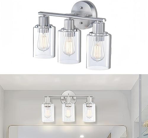 WISBEAM Lámpara de tocador de baño de níquel cepillado, 3 lámparas de baño sobre espejo con pantalla de vidrio transparente que incluye base mediana
