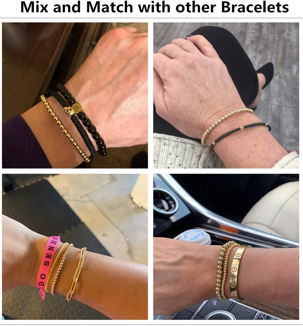 3 Pcs Gold Beaded Bracelets Valentine's Day Gifts, Men Women Elastic Copper Beads Balls Stretch Bracelet Anklet, Fashion Stacking Bracelets Cuff Set Jewelry (6mm+4mm) - Image 7