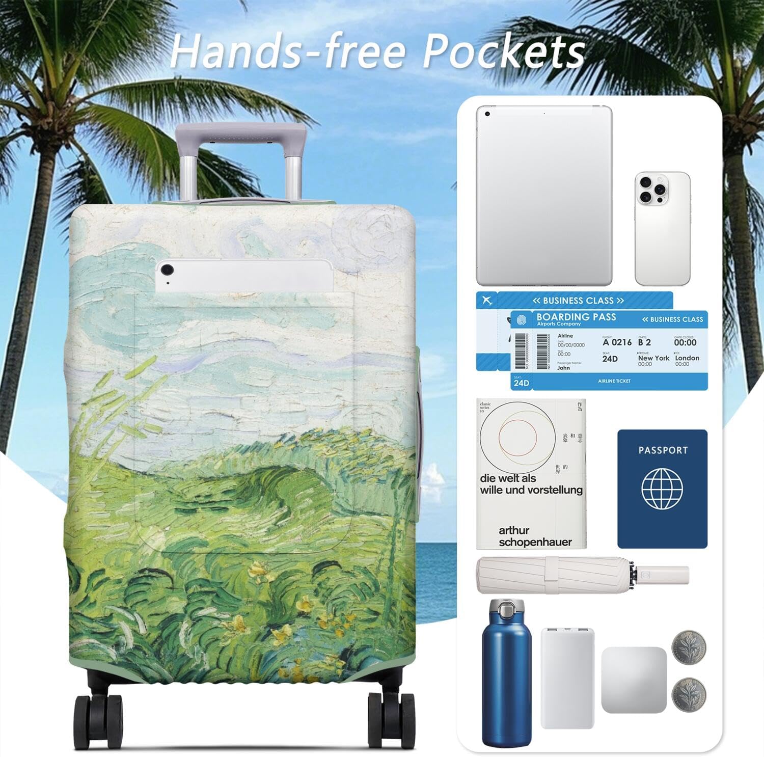 Travel Luggage Cover for Suitcase Fits 18-32 Inch Luggage Green Wheat Fields, Auvers by Vincent Van Gogh Famous Painting Luggage Protector with Pocket Elastic Anti-scratch Suitcase Cover M