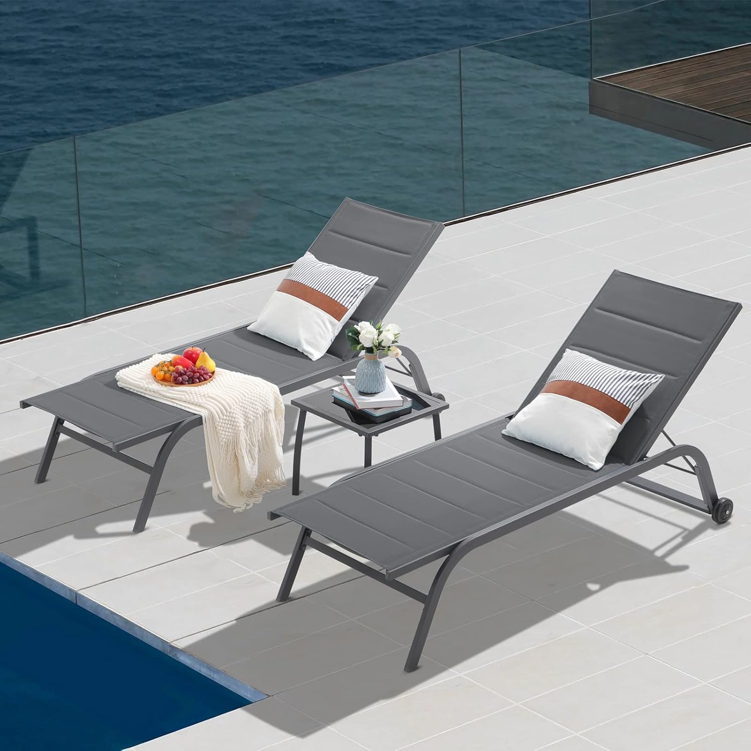 Patiorama Outdoor Patio Chaise Lounge Chair Set of 3, Dark