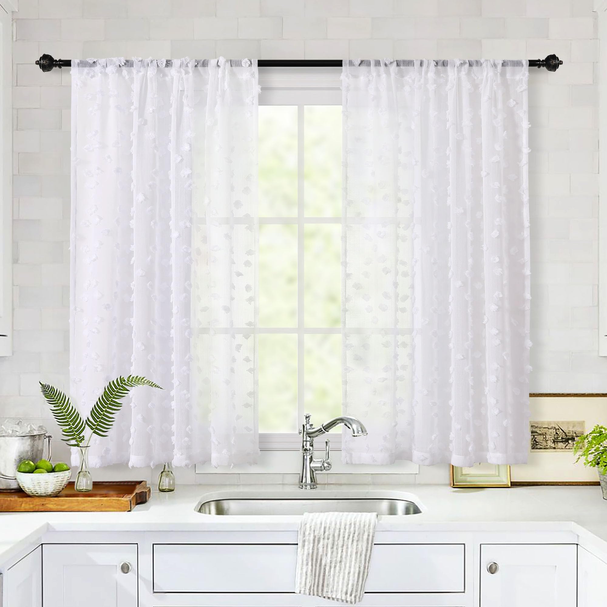 MYSKY HOME White Sheer Short Curtains for Kitchen Small Windows 54 inch Long with Pom Pom Bedroom Nursery Kids Girls Room Curtains Cafe Light