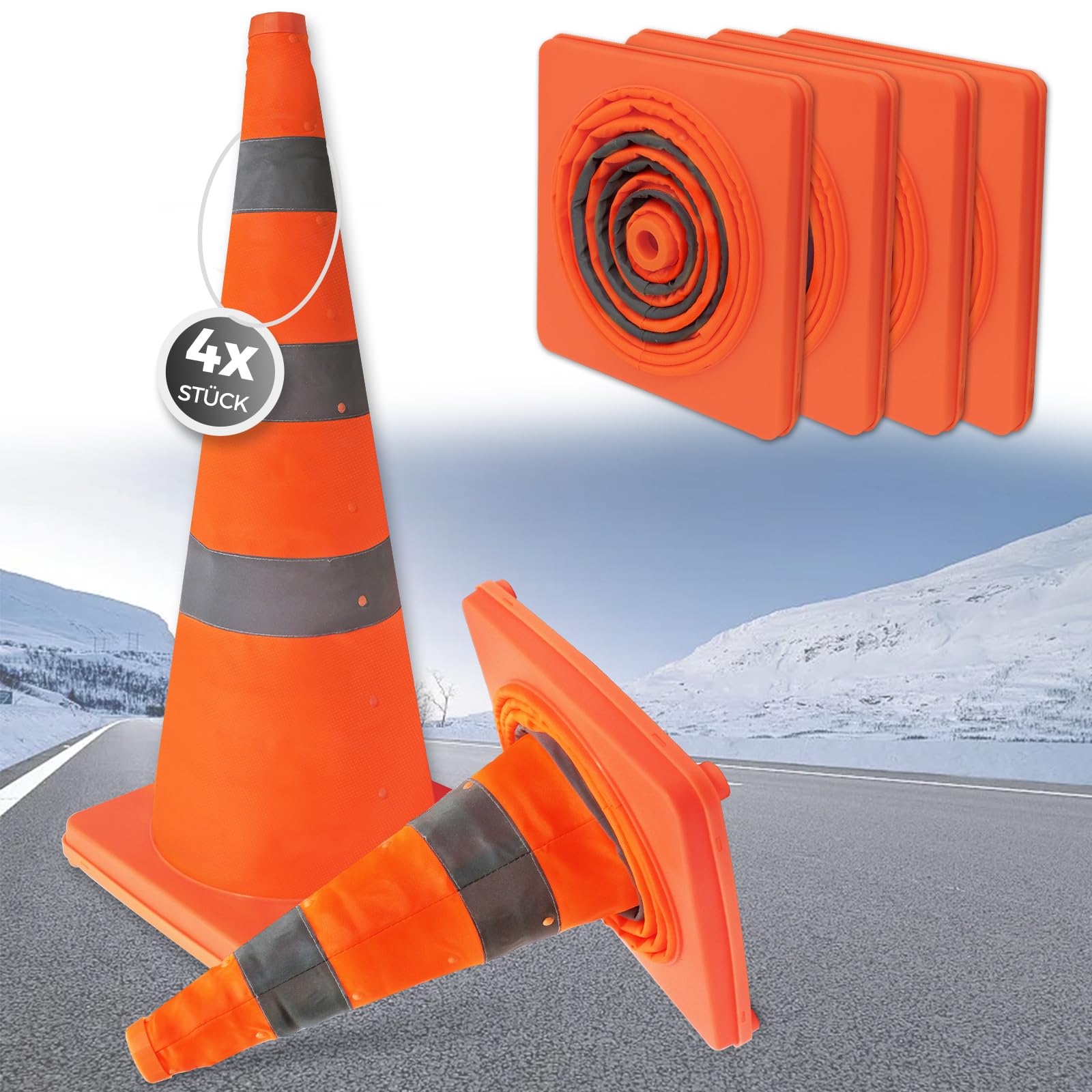 Valchoose 4 Stück Pylonen Faltbar, Verkehrskegel (70 cm) mit Reflektierenden Kragen – Orange Leitkegel Faltbar, Verkehrshütchen für Baustellen, Parkplätze & Sportmarkierungen
