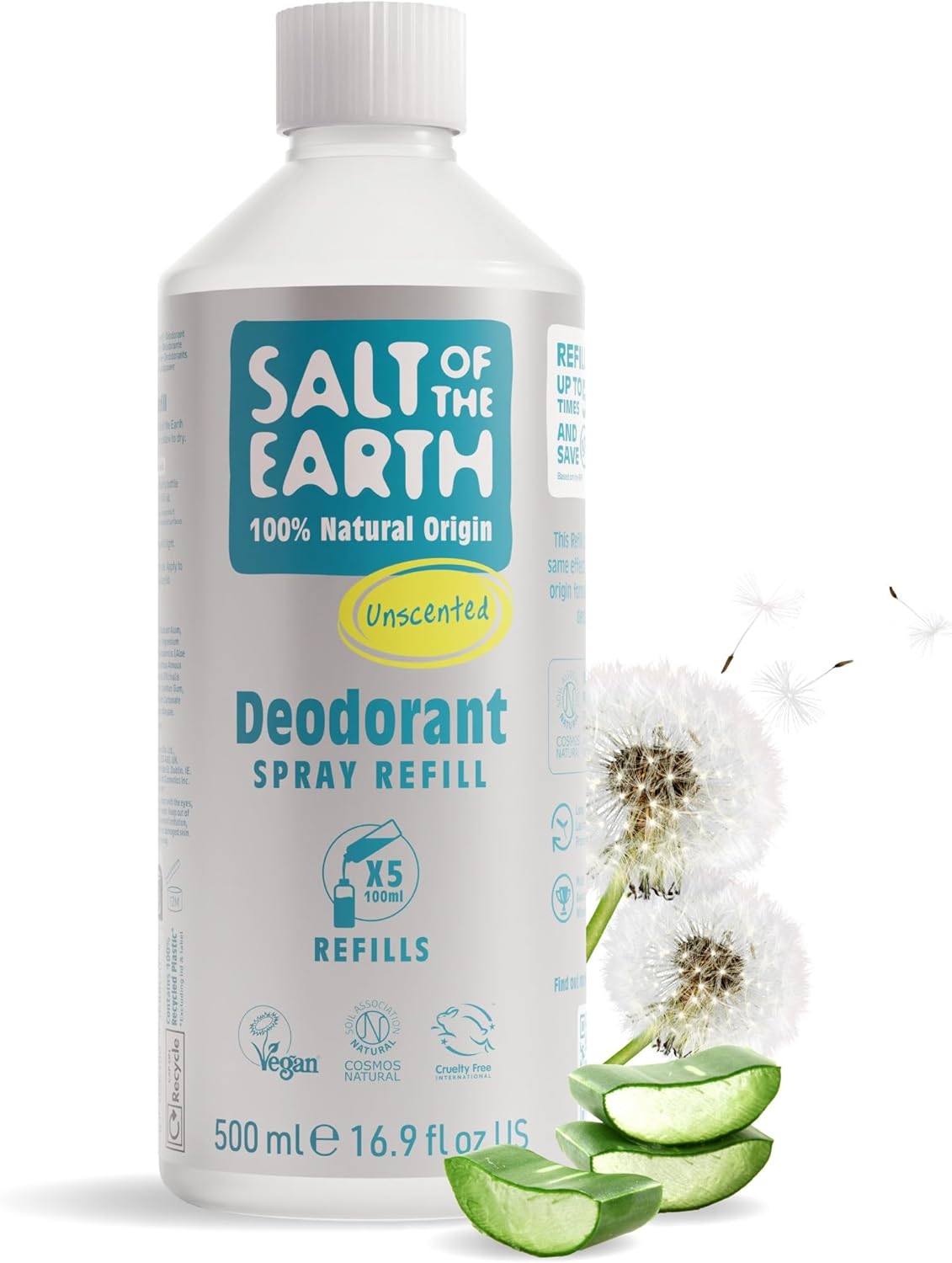 Salt of the Earth Natuurlijke Deodorant Spray Navulling, Ongeparfumeerd, Geen geurstoffen – Langdurige Bescherming, Vegan, Dierproefvrij, Anti-transpirant – 500 ML