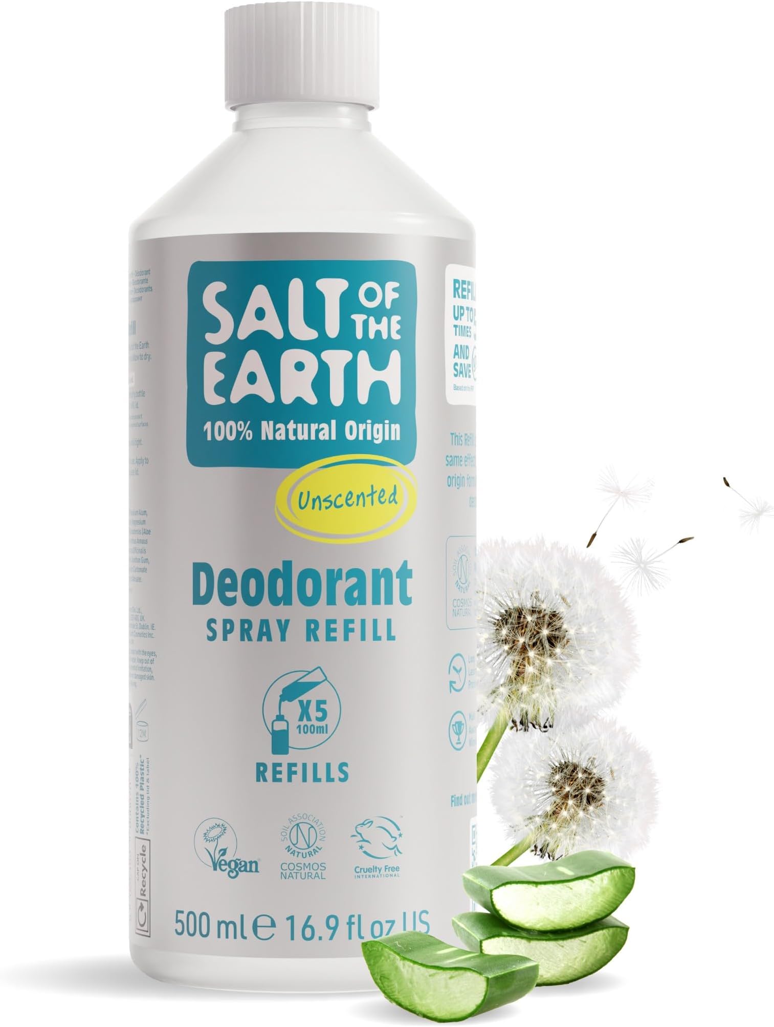 Natural Deodorant Spray Refill - Certified Natural, Vegan, Long Lasting Protection, Leaping Bunny Approved, Made in the UK - 500ml (Uncented, 500ml)