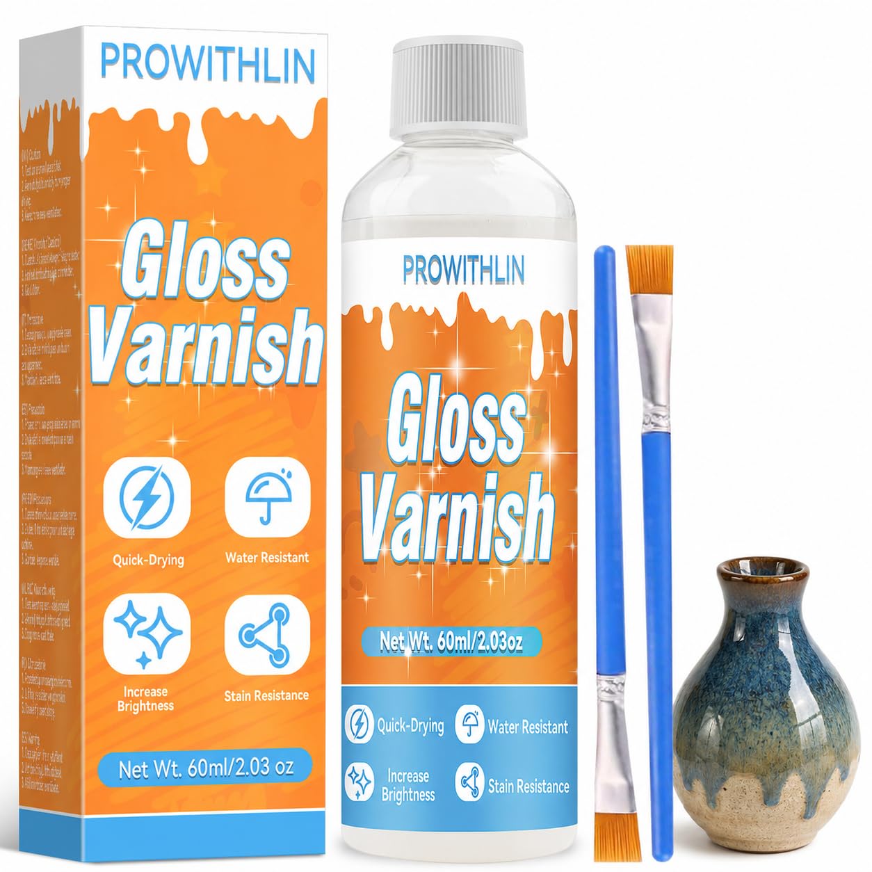 prowithlin - Vernice Trasparente Lucida per Argilla a Secco - Vernice per Ceramica, Legno, Pittura ad Olio - Resistente all'Acqua, Graffi e Usura (1 pezzo)