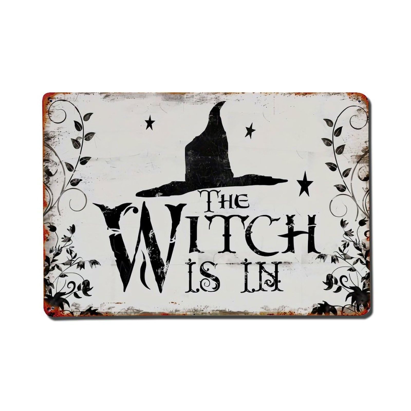 The Witch Is In Sign Retro Metal Tin Sign, Vintage Metal Poster for Bar, Home, Man Cave, Kitchen, Laundry Room Art Decor 8x12 Inch