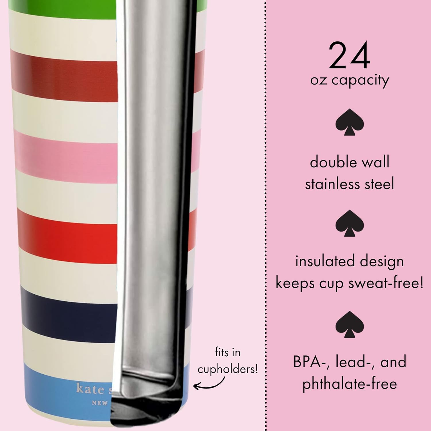kate spade new york Cute Stainless Steel Mug, 24 Ounce Travel Tumbler, Double Wall Insulated Cup with Lid, Adventure Stripe - Image 3
