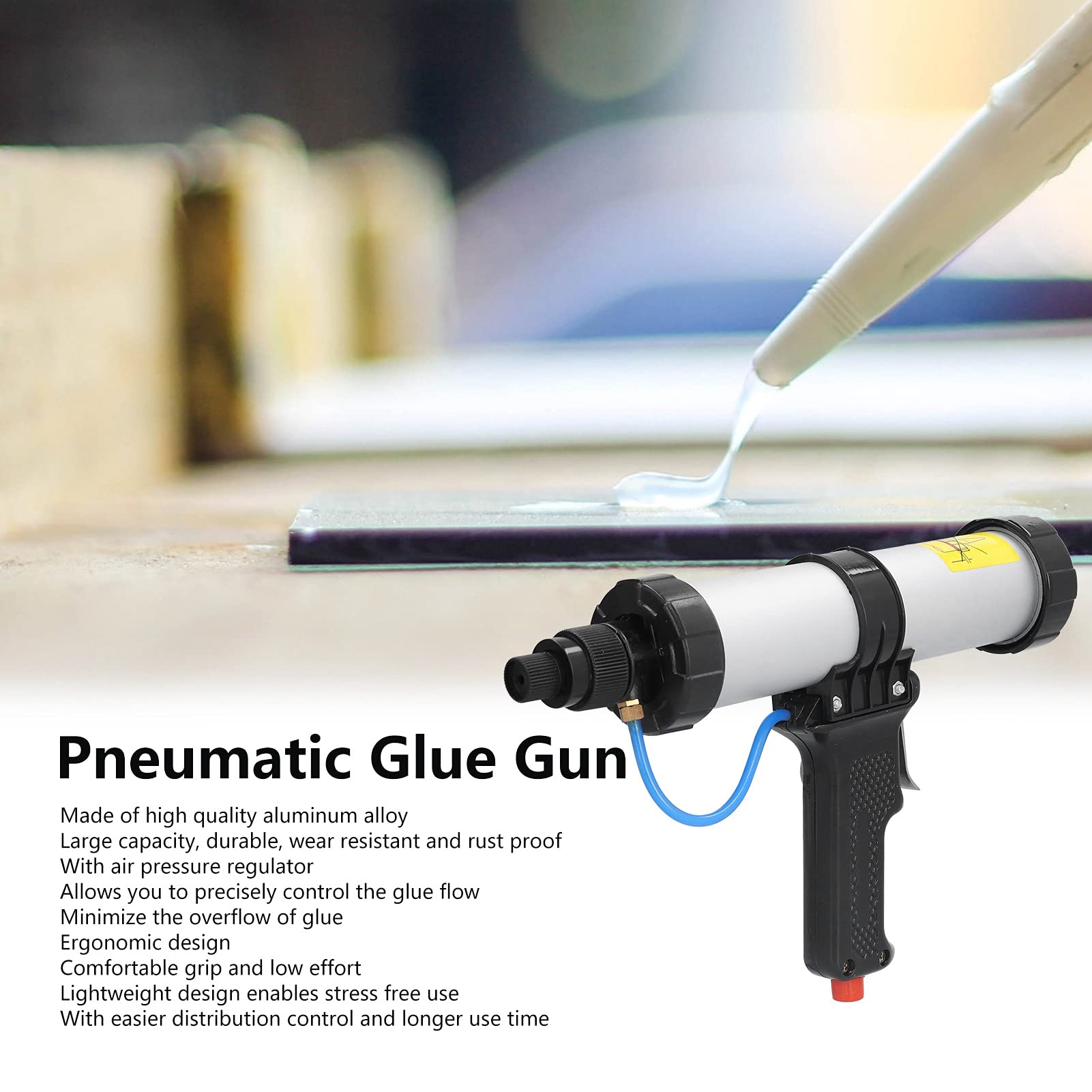 Pistolet à calfeutrer pneumatique à air, Pistolet à calfeutrer sans fil professionnel de 310 ml avec régulateur de débit d'air, Pistolet à calfeutrer pneumatique robuste en alliage d'aluminium léger