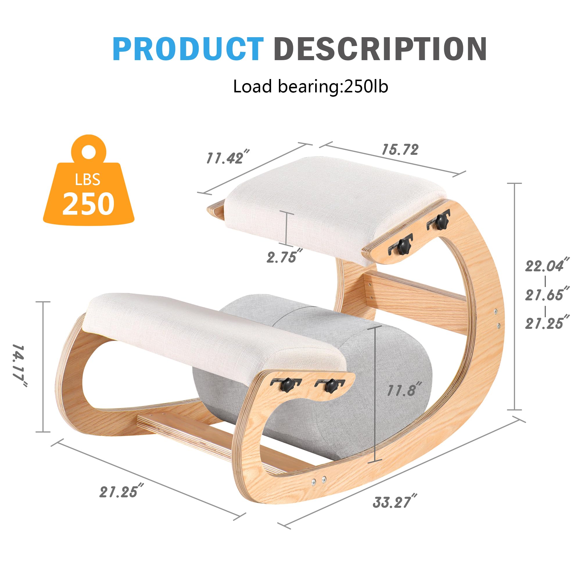 Adjustable Kneeling Chair, Wooden Ergonomic Chair Knee Chair Posture Chair - Improve Your Posture with an Angled Seat for Home,Office (Wood Color+ Pads)