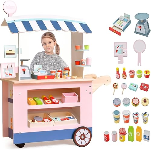 INFANS Juguete de madera para tienda de comestibles, soporte de mercado, juego de simulación con rueda universal, báscula de alimentos, caja