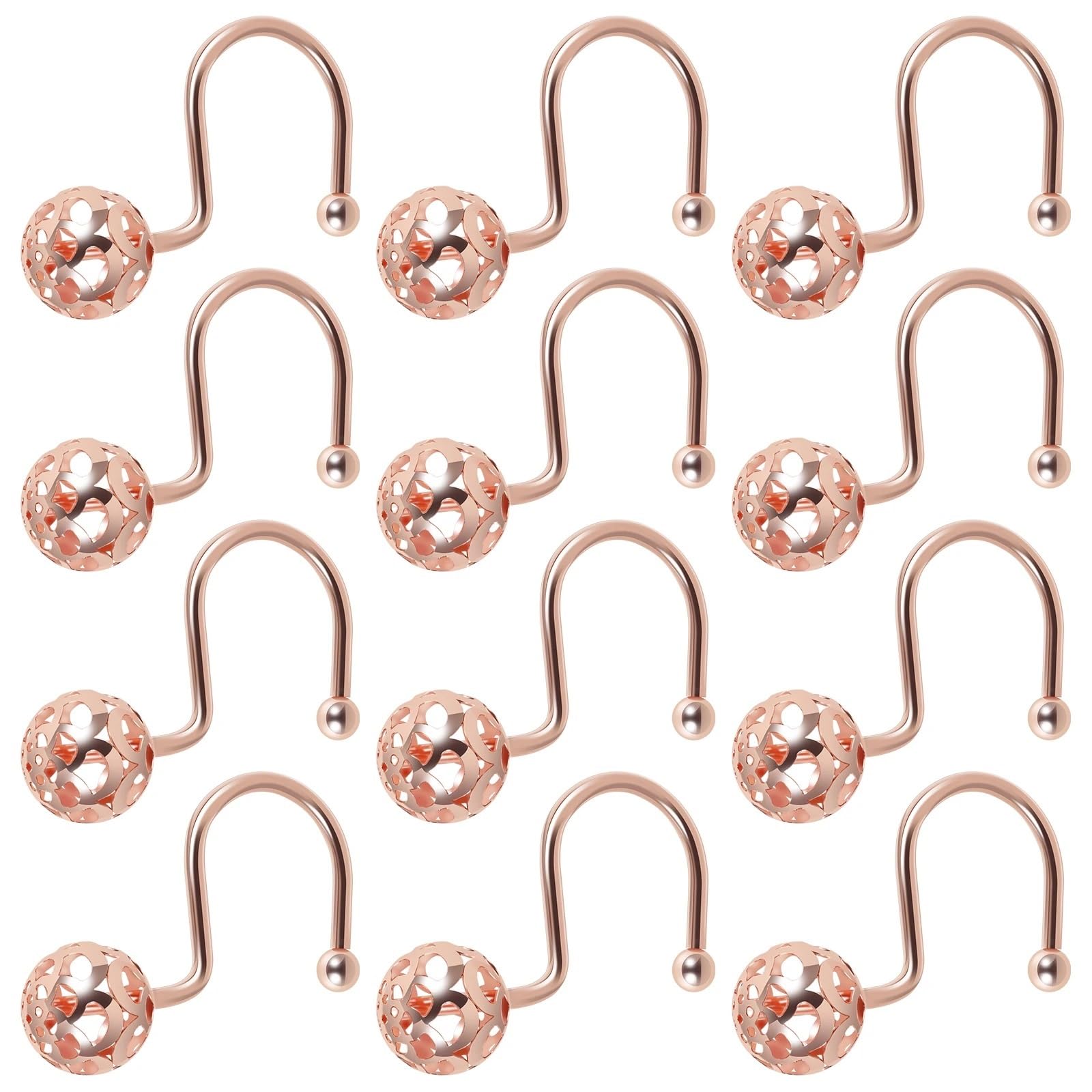 Shower Curtain Hooks 12Pcs Shower Curtain Hooks Metal Rustproof For Bathroom Curtains Rods Hollow Ball For the bathroom(Rose Gold 12pcs)