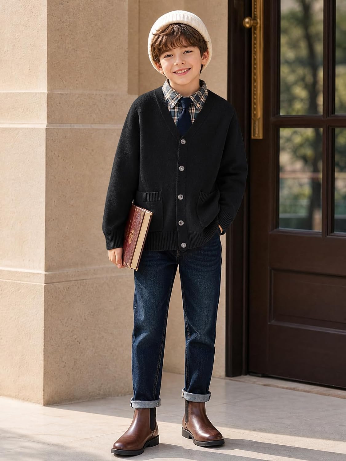 Haloumoning Boys Cardigan Sweater V Neck Button Down Uniform Sweater 5-14Y