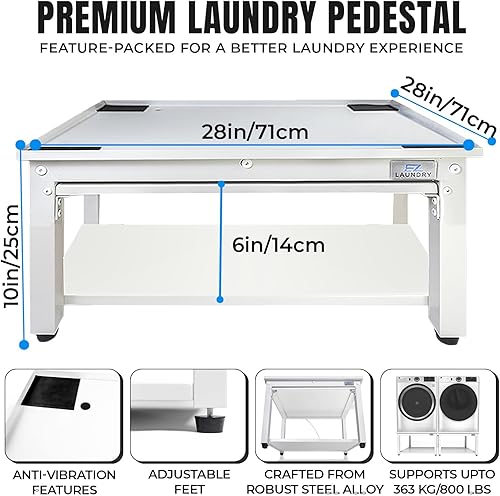 Miniatura 3 de Pedestal para lavadora y secadora de 28 pulgadas, color blanco, eleva 10 pulgadas con bandeja de drenaje, antivibración, pies ajustables, estante