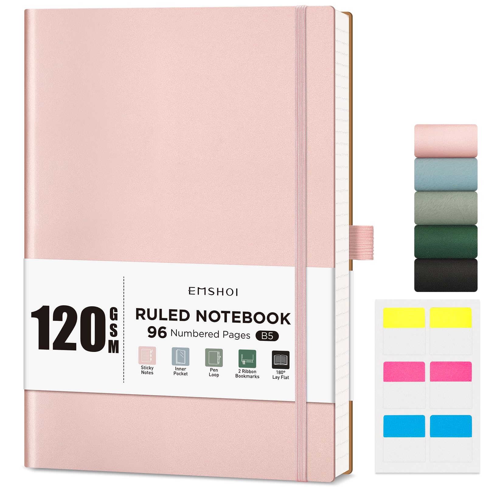 EMSHOI B5 Notebook Lined, Softcover Notepad, 96 Pages, 120GSM, Rose Gold