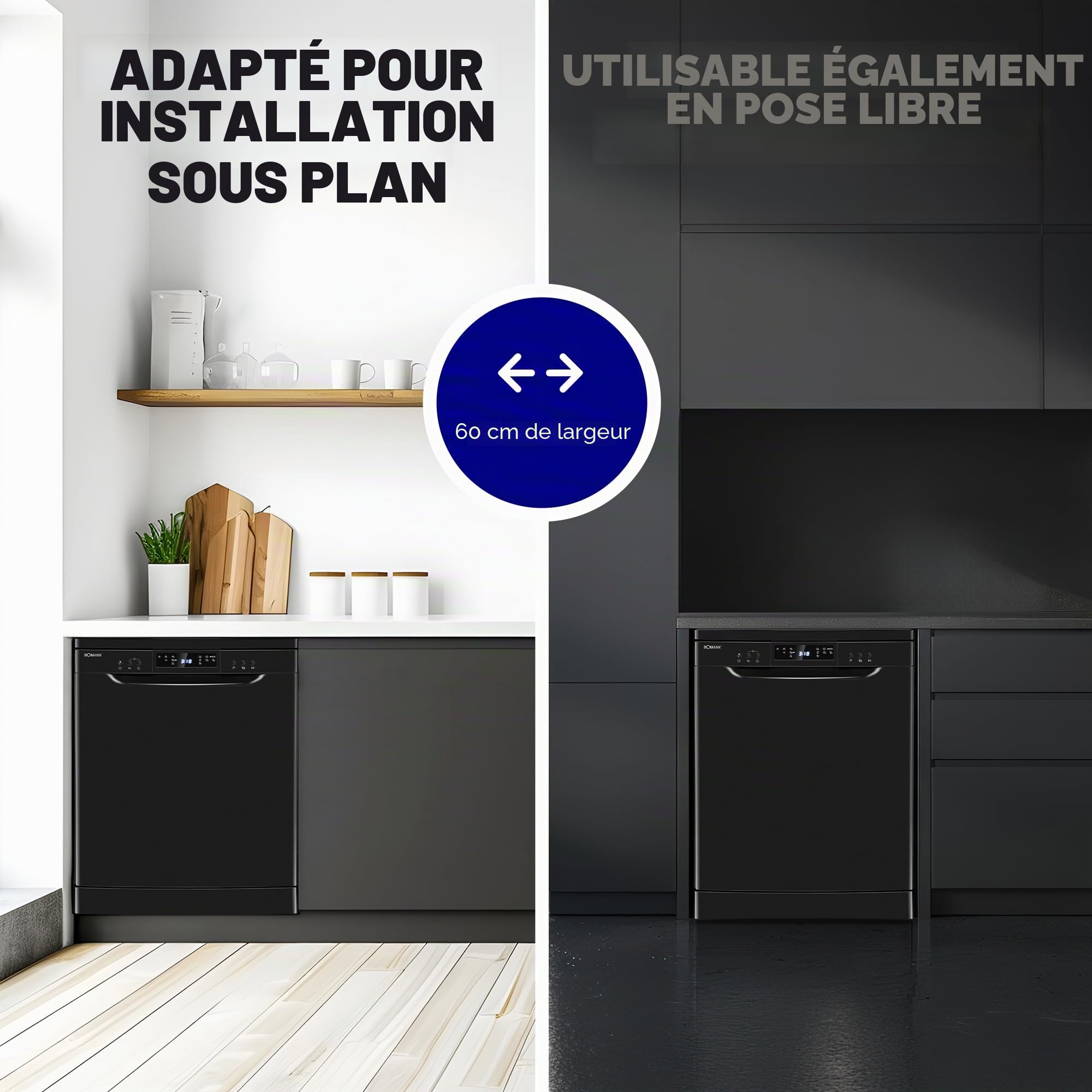 Bomann GSP 7419 Lave-vaisselle 60 cm, 14 places, sur pied ou sous comptoir, 7 programmes et 2 niveaux de pulvérisation, lave-vaisselle avec présélection de démarrage, lave-vaisselle encastrable, noir