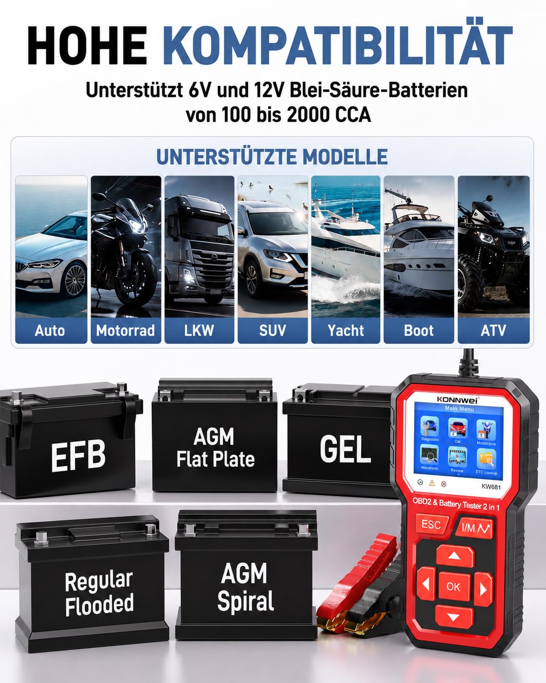 KONNWEI KW681 OBD2 Diagnosegerät Auto Auslesegerät & Batterietester 2-IN-1 | Universal KFZ Fehlercode Lesegerät mit Ein-Klick-I/M, 6V 12V Autobatterie Tester für Batterietests Anlasstests & Ladetests