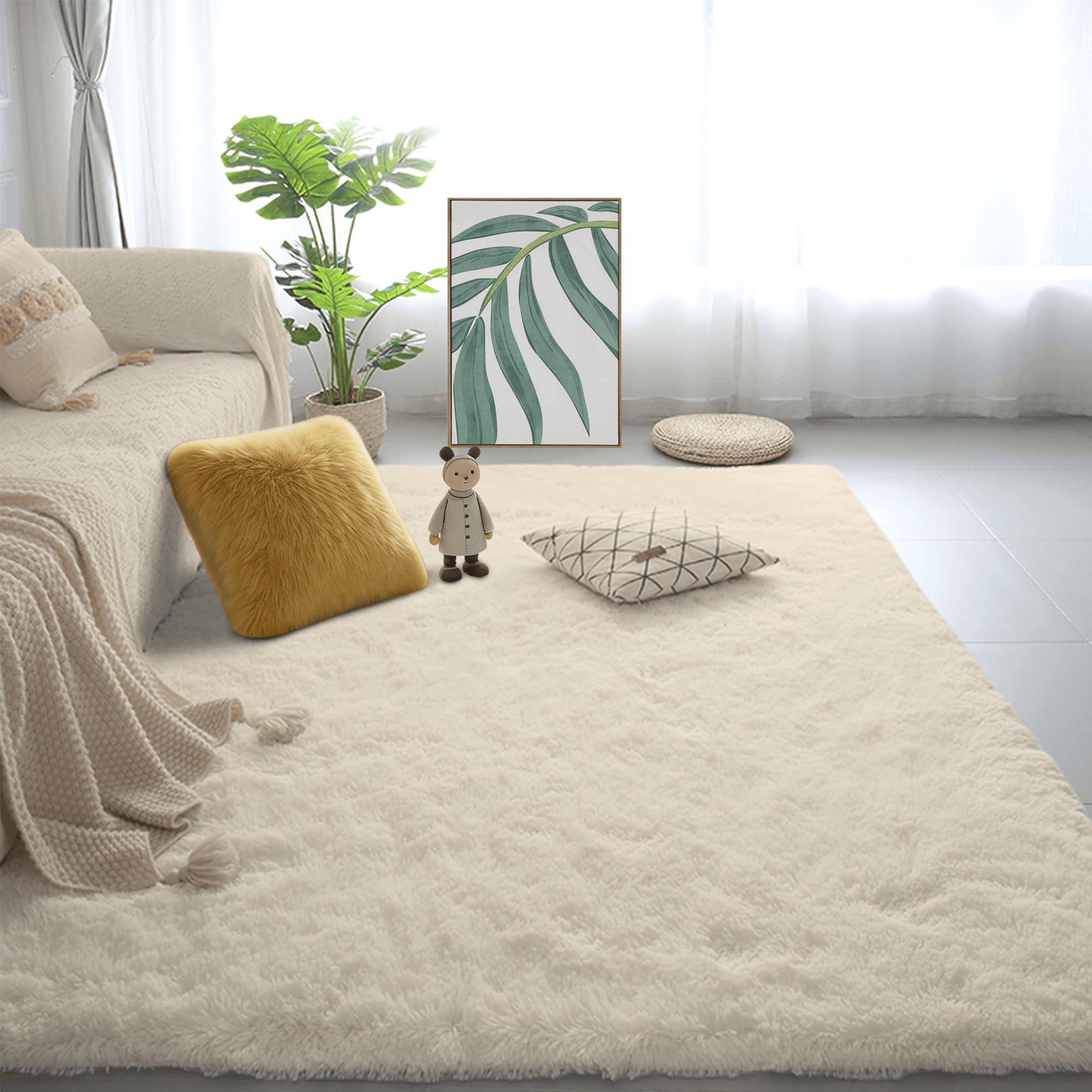 Moderner Hochflor Teppich 150 x 230 cm Weich Und Flauschig Läufer Teppich Klein Deko Kuschelig Waschbar für Schlafzimmer Kinderzimmer, Bettvorleger Matte, Creme Farben
