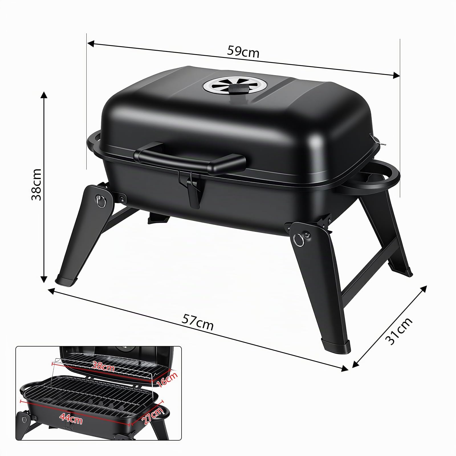 ERWEY Barbecue de camping, portable au charbon de bois, de table, 2 en 1, fonction barbecue et four, barbecue pliable avec poignée en bois pour le camping et le jardin, noir