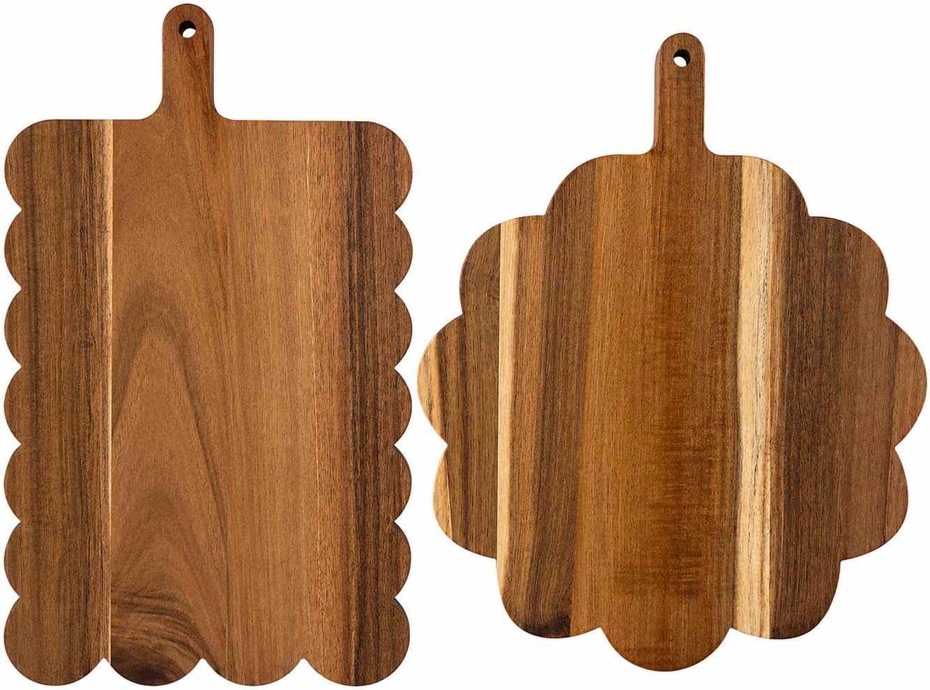 Scalloped Cutting Board Set with Handle for Cheese, Meat, Pizza and Bread, Farmhouse Style Decorative Cutting Board, Kitchen Serving Tray-Acacia Wood