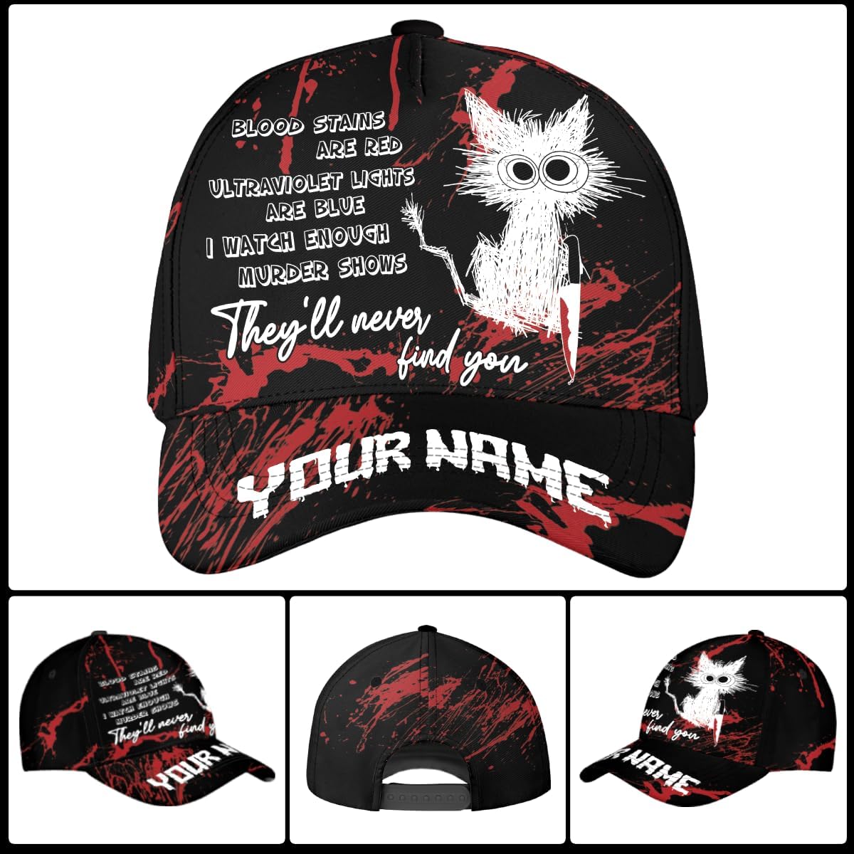 Thuhatree Store Personalized Horror Halloween Funny Cat They'll Never Find You Baseball Cap, Halloween Costume Blood Cap, Horror Movie Caps for Men Multi