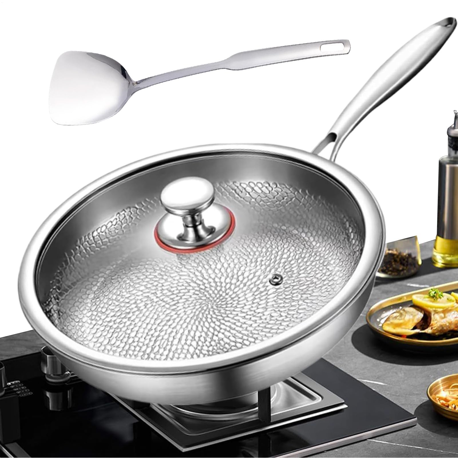 Poêle En Titane - Poêle Profonde Antiadhésive avec Couvercle et Spatule | Ustensiles De Cuisine Pour Saisir Cuire Griller Poissons Steak Crêpes Camping Restaurant