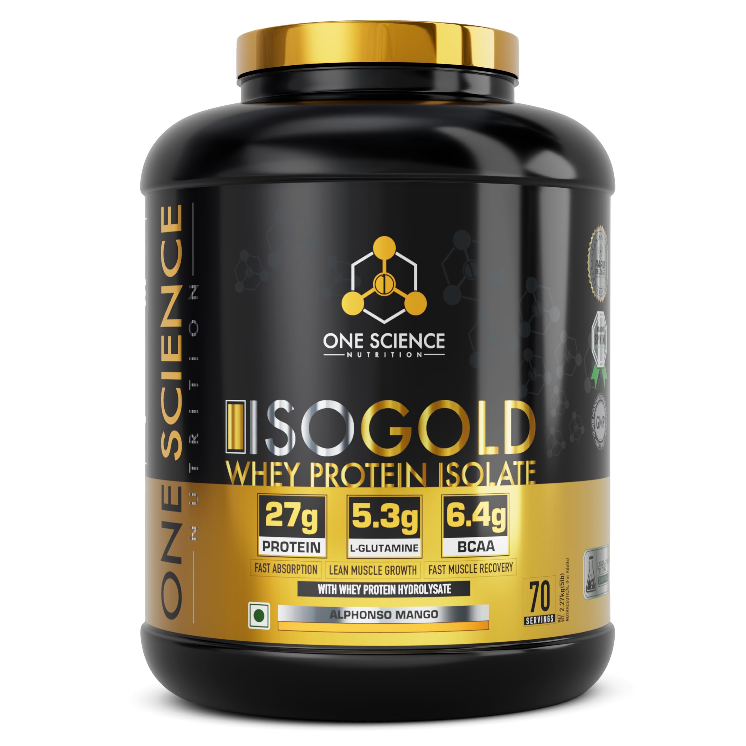 One Science Nutrition ISO Gold Whey Protein Isolate | 27g Protein, 5.3g L-Glutamine, 6.4g BCAA | Fast Absorption & Lean Muscle Support - 70 Servings (5lbs, Alphonso Mango)