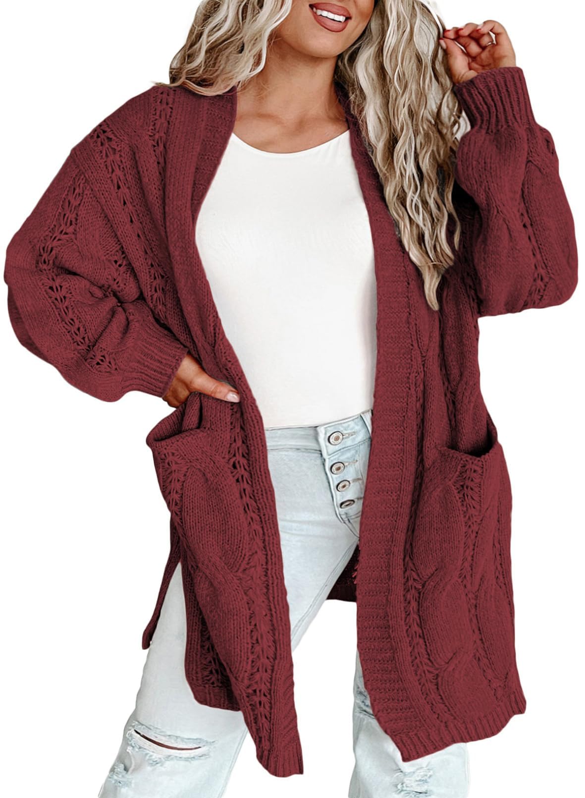 Eytino Plus Size Cardigans for Women Open Front Long Sleeves Lightweight Fall Sweaters with Pockets 1X-5X