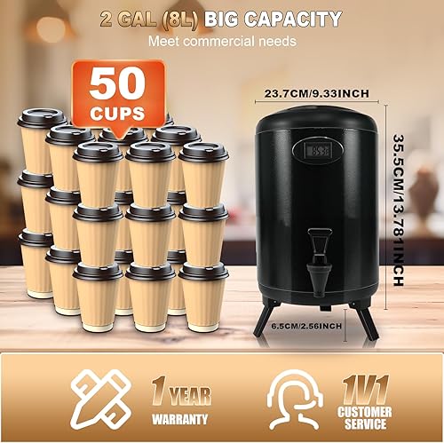 Miniatura 8 de Dispensador de bebidas aislado de 2 galones, dispensador de bebidas calientes de acero inoxidable con soporte, dispensador térmico de agua caliente