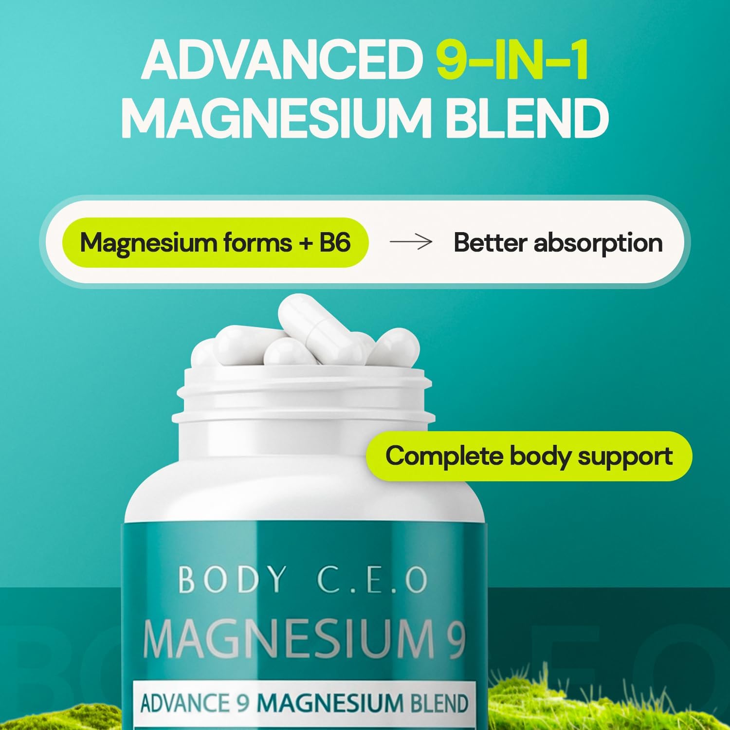 Body C.E.O. Magnesium 9 - Full-Spectrum Blend with Malate, Citrate, Glycinate, Taurate, Orotate & More - Supports Healthy Sleep, Calm, Muscle Relaxation & Focus - 60 Veggie Capsules