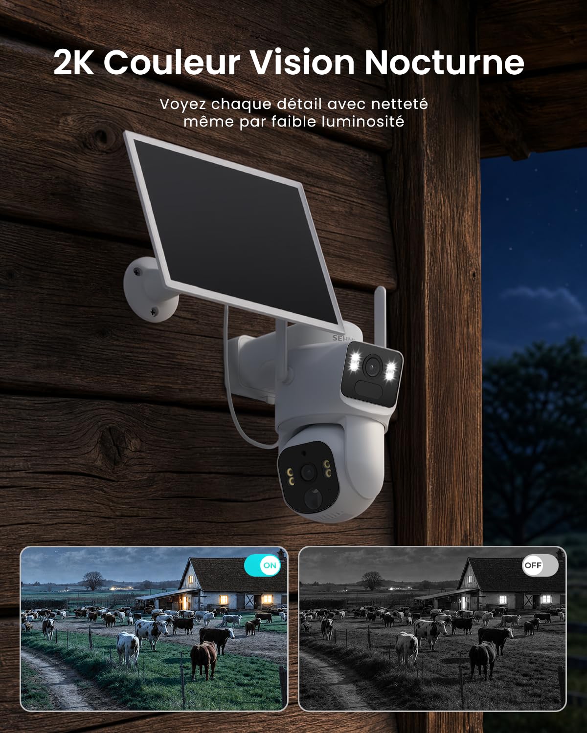 SEHMUA 4G LTE Caméra Surveillance Solaire avec Carte SIM 【Double Objectif】 | 2K+2K Caméra Extérieure Sans Fil, Détection Humaine par IA, Vision Nocturne Couleur, 360° PTZ, Audio Bidirectionnel, IP65