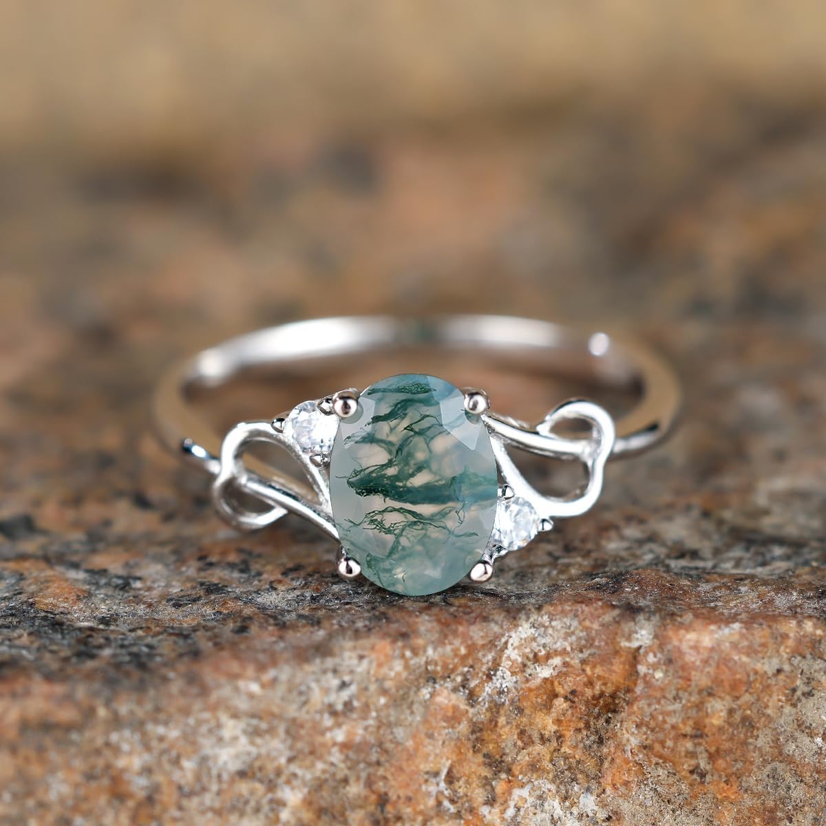Natural Moss Agate Ring 925 Sterling Silver Heart Promise Engagement Wedding Rings for Women Birthday Mother's Day Jewelry Gifts (5, Silver) - Image 2