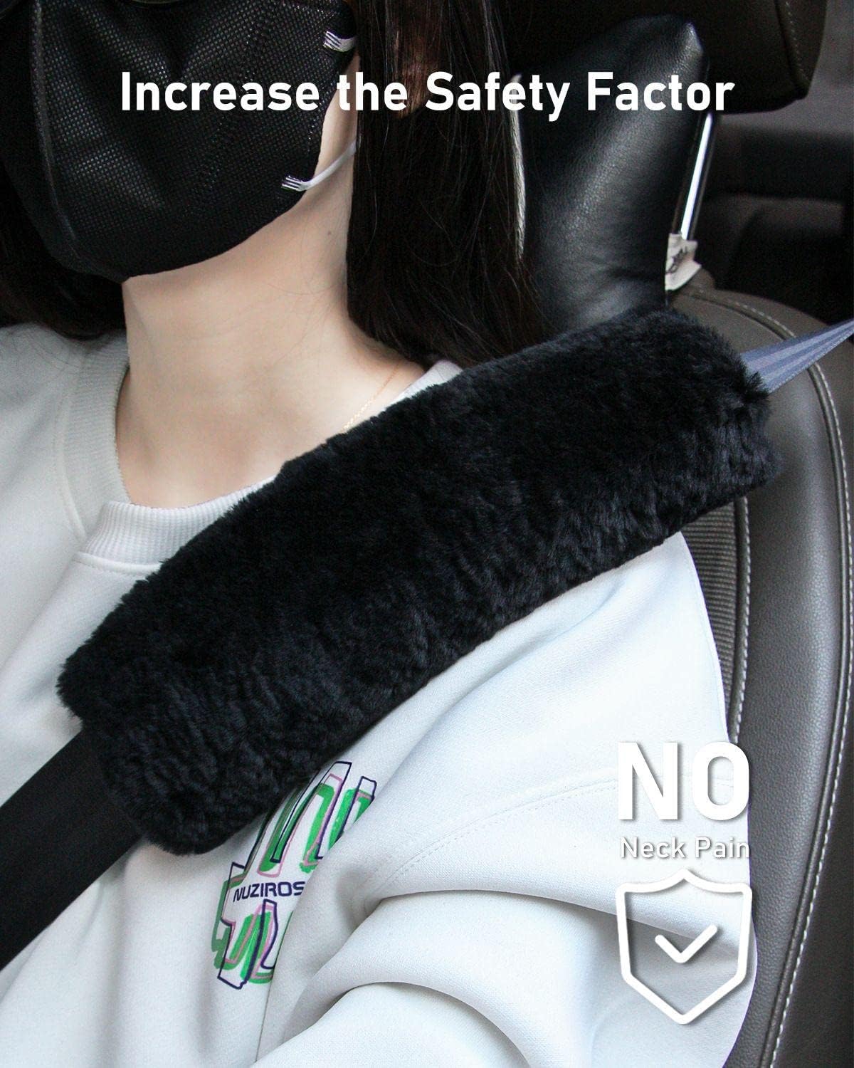 BELINOUS Authentic Sheepskin Car Seat Belt Cover, Soft Shoulder Seat Belt Pad, Seat Belt Neck Protector, 2 Pack (Black)