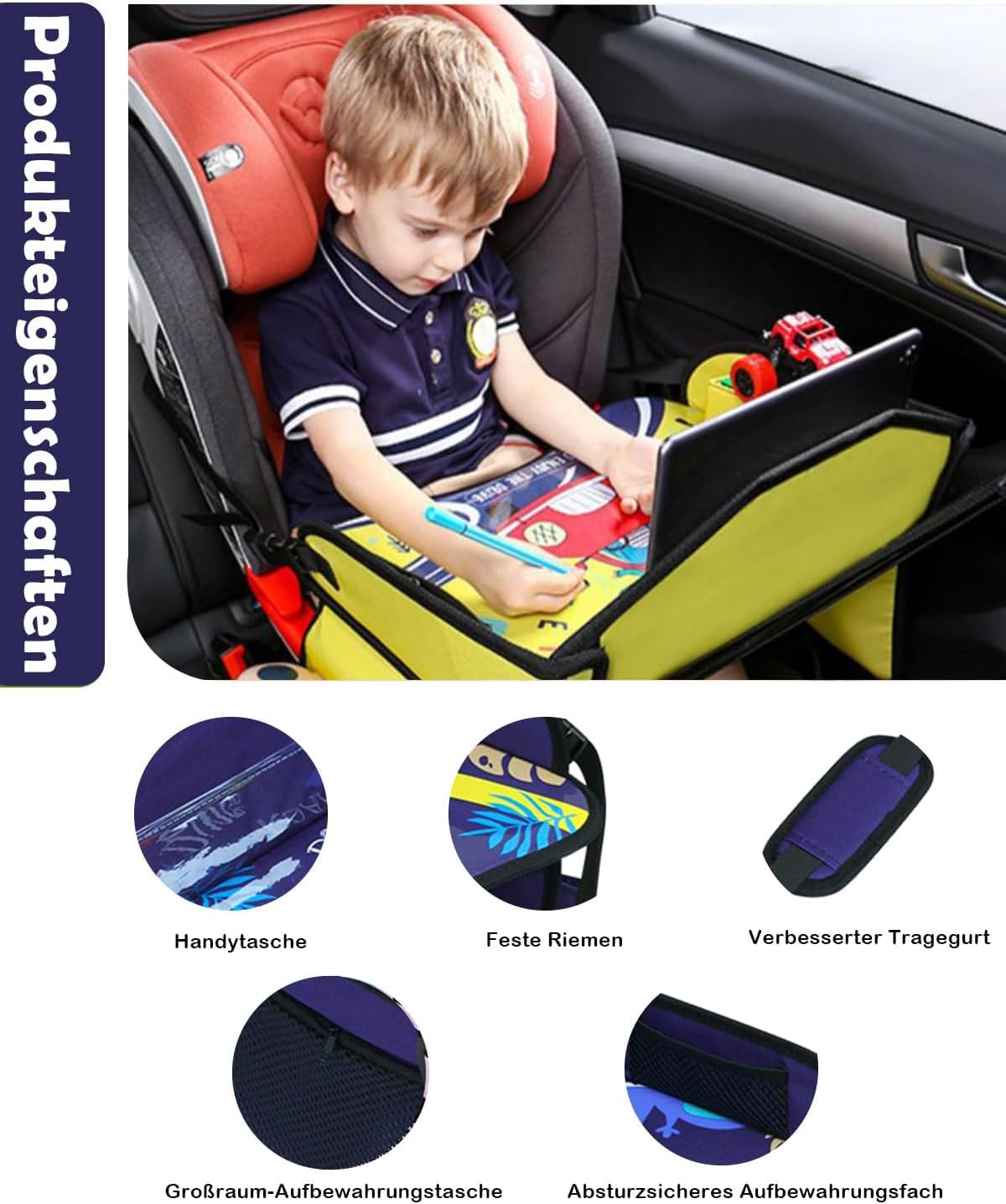 Bandeja de viaje para asiento de coche para niños, mesa de actividades con bolsillos laterales, correa ajustable