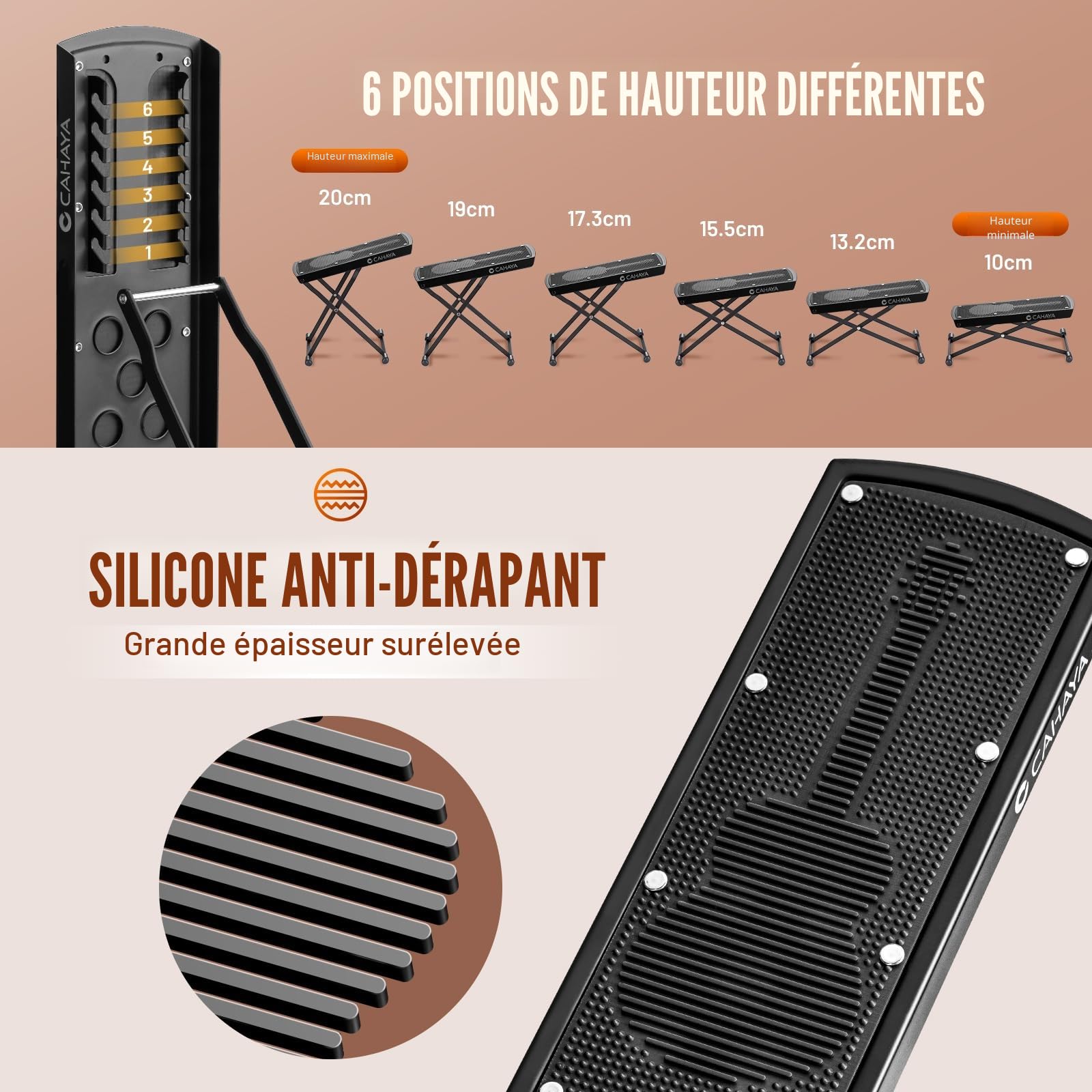CAHAYA Repose-pieds pour guitare réglable sur 6 niveaux : repose-pieds de guitare avec base en caoutchouc antidérapant - Repose-pieds portable et pliable pour guitariste - Charge maximale 70 kg,