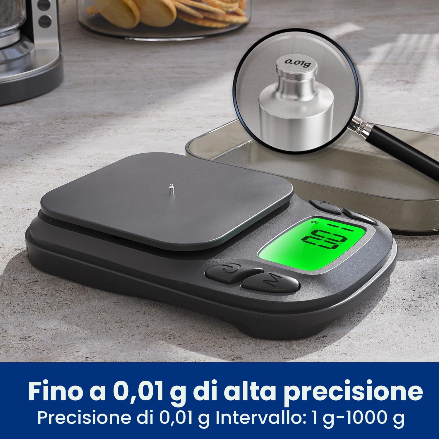 1000 g/0,01 g bilancia di precisione per monete e oro, bilancia digitale multifunzione mini con calibrazione e funzione di tara, 7 unità di misura, bilancia per grammi, bilancia per oro