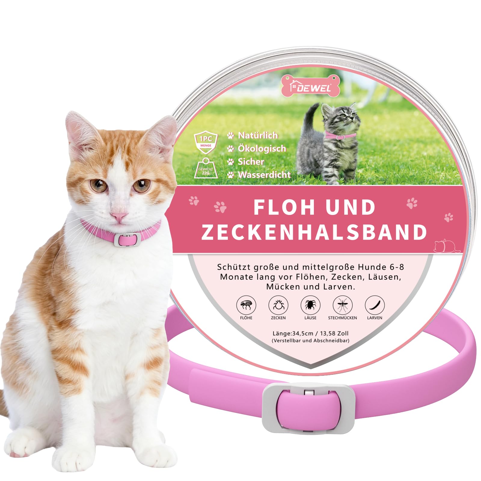 DEWEL 34.5cm Zecken Halsband für Katze, Floh Zecken Kragen Floh-und Zecken Prävention Halsbänder, Verstellbar Wasserdicht Katze Flohhalsband (Rosa)