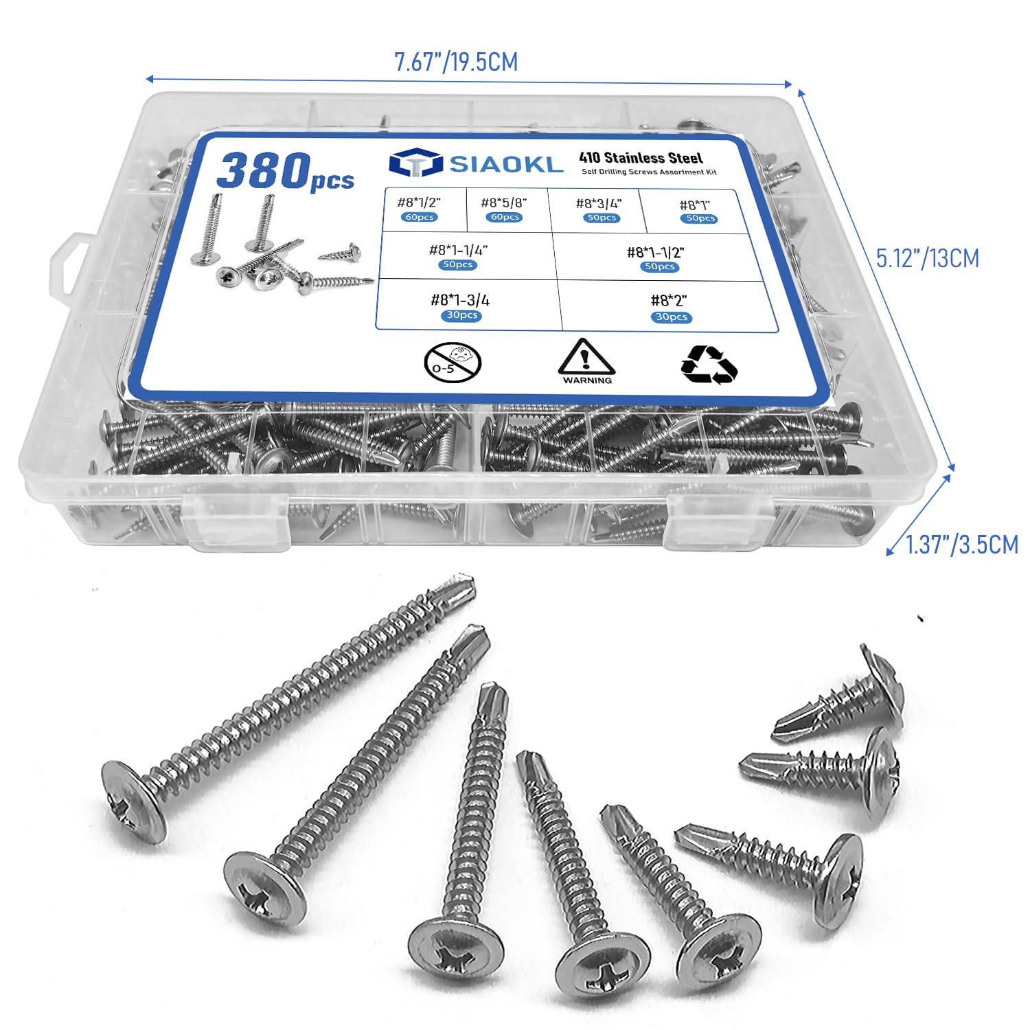 380PCS Self Drilling Screws Assortment Kit, 410 Stainless Steel Self Tapping Screws for Metal – #8 Modified Truss Head Sheet Metal Screw, 1/2" to 2", 8-Size