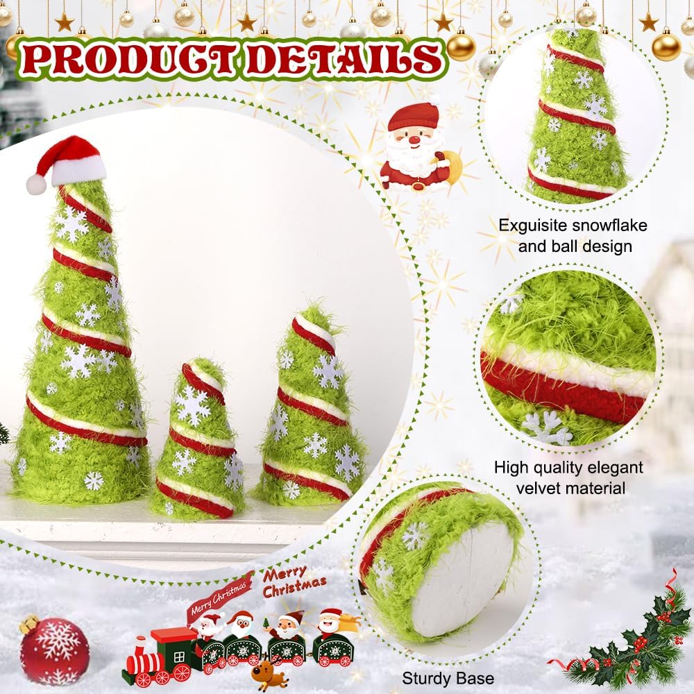 JOICEE 3 Pcs Christmas Cone Trees, Green Artificial Plush Fur Surface Christmas Tree Decorations Fuzzy Trees with Snowflakes Santa Hat for Xmas Table Mantel Entryway Centerpieces Home Room Decor