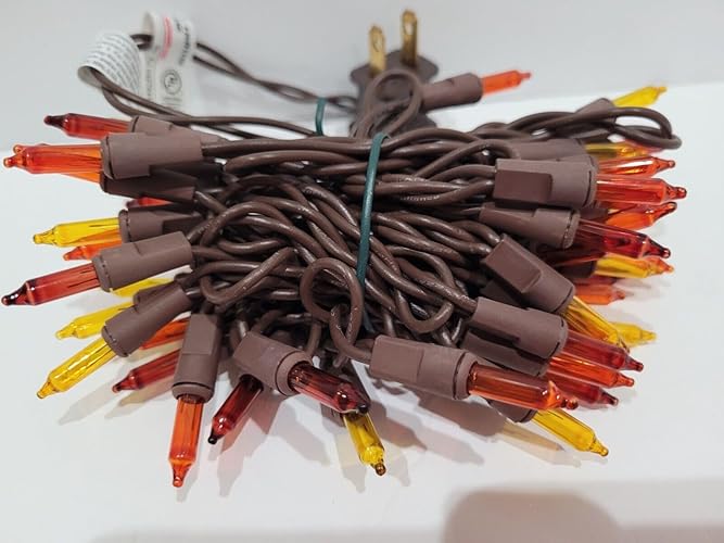 Fall Harvest Lights - 100 Count Yellow Orange and Brown Lights with Brown Wire (24 Ft) - Autumn Thanksgiving String Lights - Indoor/Outdoor Use - UL Listed - Static/Blinking Modes - Connectable