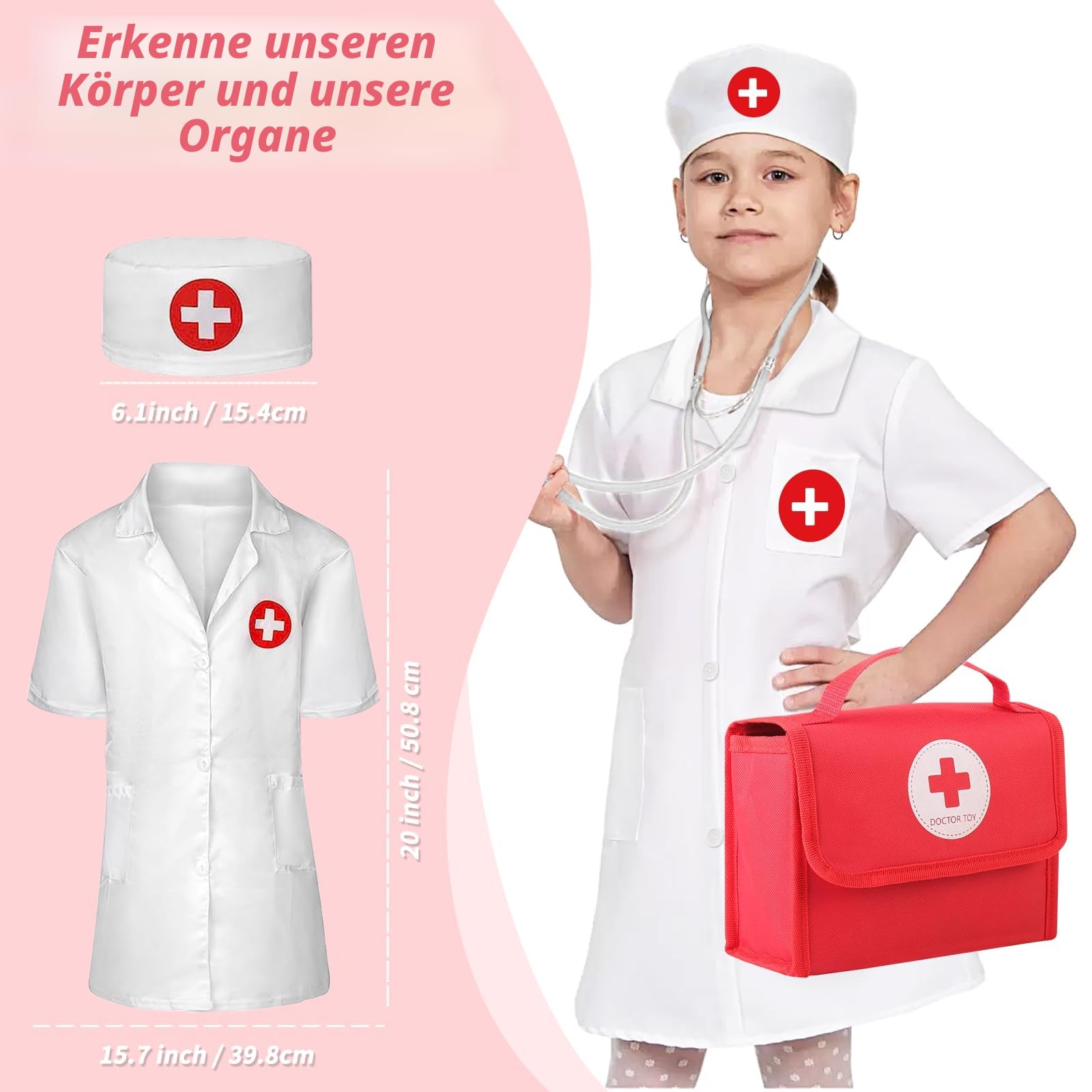 Mardo Arztkoffer Kinder Holz Doktorkoffer mit Echtem Stethoskop, Arztkittel und Doktortasche in Rot, Perfekt für Rollenspiele Zahnarzt Spielzeug ab 3 4 5 Jahren 1