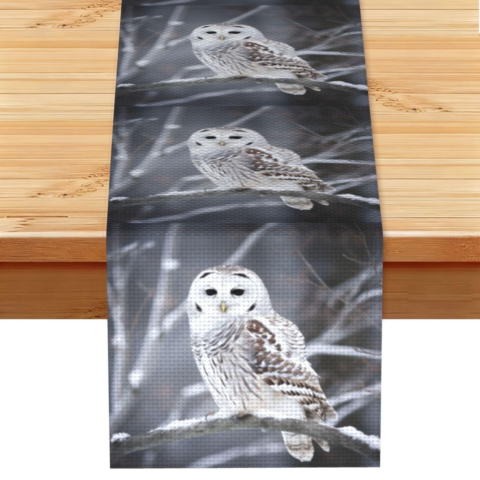 Winter White Owl Table Runner 13 x 72 Inches Long, Cotton Linen Table Runners for Kitchen Dining Table Decoration - Washable Tablecloth Modern Tablerunner for Home Party Decor