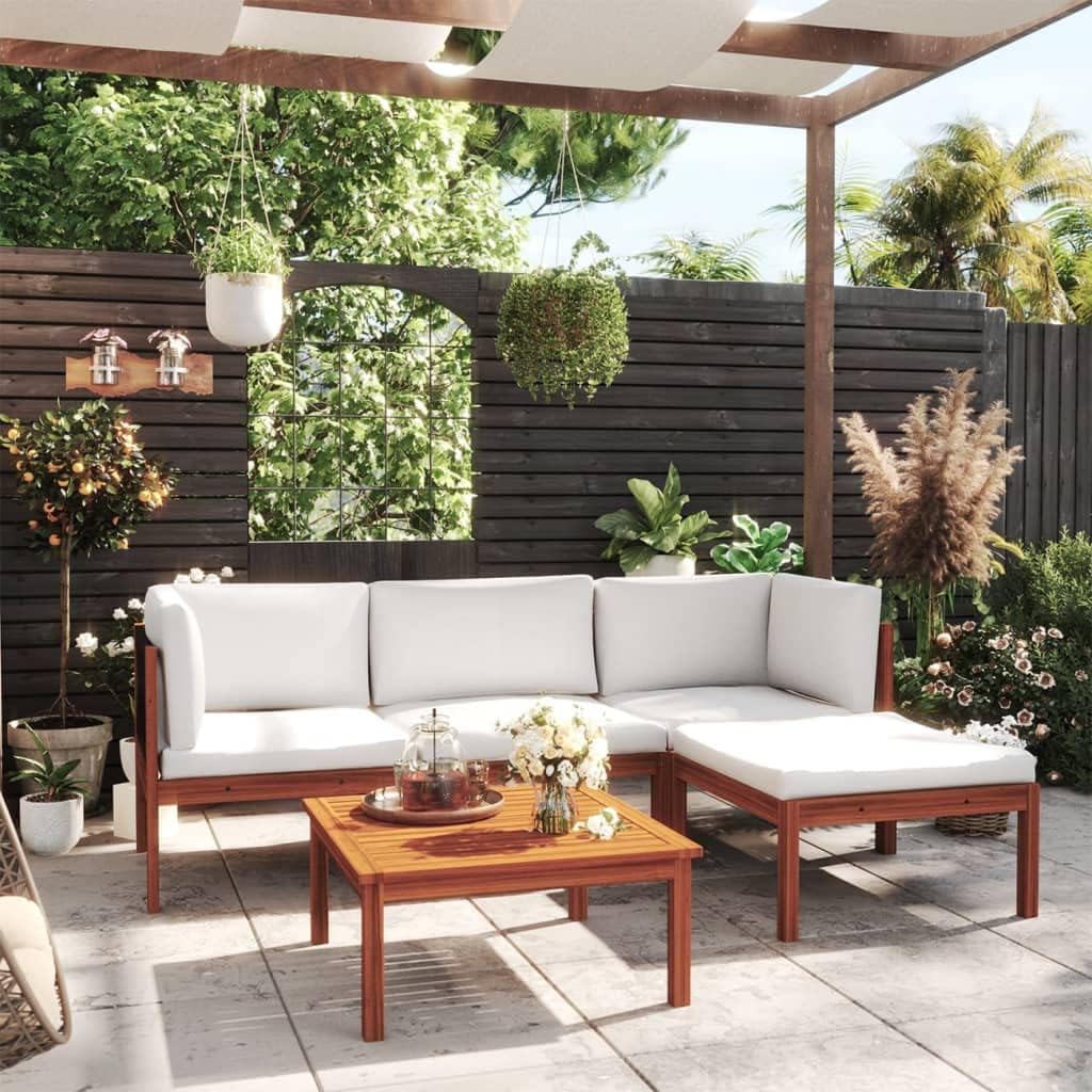 5 Piece Acacia Wood Garden Lounge Set with Cream Cushions
